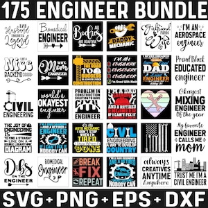 May include: A collection of 25 black and white digital designs featuring various engineering-themed phrases and illustrations. The designs include phrases like "Husband Engineer Legend", "Biomedical Engineer", "World's Okayest Engineer", "Civil Engineering", "I'm a Dad, Grandpa, and a Retired Engineer", "Okayest Mixing Engineer of the Year", "My Favorite Engineer Calls Me Mom", "Always Creatives Anytime Anywhere", and "Trust Me I'm a Civil Engineer".