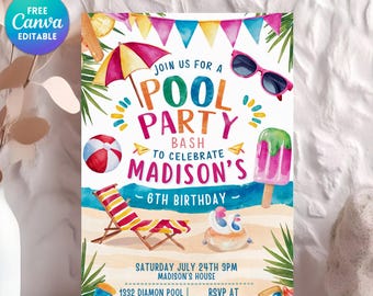 May include: A colorful invitation for a pool party to celebrate Madison's 6th birthday. The invitation features a beach scene with a pool float, beach chair, beach ball, popsicle, sunglasses, and a palm tree. The text on the invitation reads "Join us for a Pool Party Bash to celebrate Madison's 6th Birthday". The invitation also includes the date, time, and location of the party.