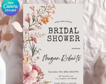 Editable Bridal shower Invitation, Floral Bridal Shower Invitation, Wildflower Bridal Shower Invitation, Boho Invitation template, Canva