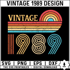 May include: Vintage 1989 design with a rainbow arc and striped numbers in a retro style.