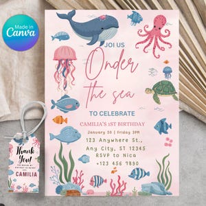 Oneder the Sea Birthday Invitation Printable, Under the Sea Editable Template, 1st Birthday Invite, 5x7 Canva Template Instant Download
