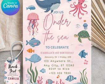 Invitación de cumpleaños imprimible de Oneder the Sea, plantilla editable bajo el mar, invitación para el primer cumpleaños, plantilla Canva de 5x7, descarga instantánea
