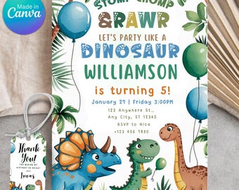 Dinosaur birthday invitation, Personalized invite for boys girls, 2nd 3rd 4th b-day dinos boy, Dino bday party theme, Editable 1st birth day
