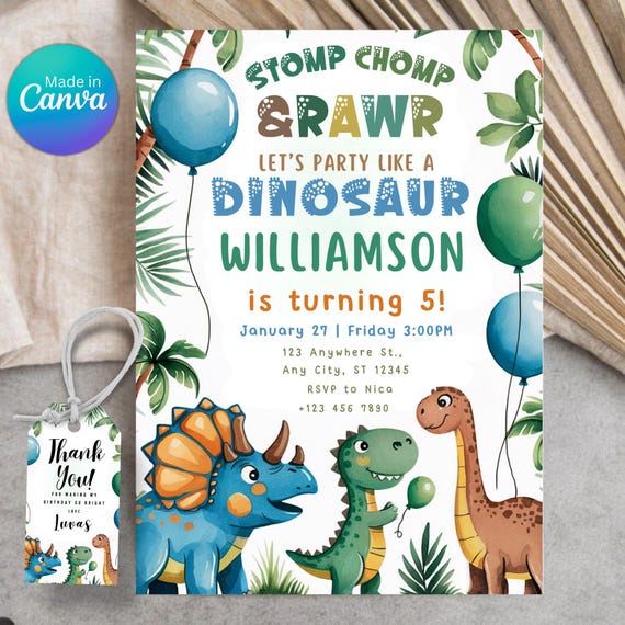 Dinosaur birthday invitation, Personalized invite for boys girls, 2nd 3rd 4th b-day dinos boy, Dino bday party theme, Editable 1st birth day