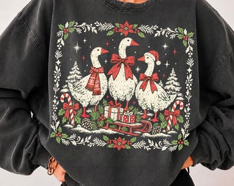 Christmas Goose Png, Silly Goose Christmas Png, Coquette Bow Goose Png, Vintage Holly Poinsettia Png, Distressed Christmas Sublimation Png