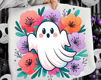 Floral Pink Ghost Halloween Png, Cute Ghost Blowing Bubble Png, Spooky Season Png, Pastel Halloween Sublimation, Boho Pumpkin Shirt Design