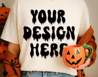 Mockup halloween shirt mockup jpeg, herfst mock-up, ivoor kleur mockup T-shirt, shirt mockup wit, model mockup, Halloween mockup T-shirt
