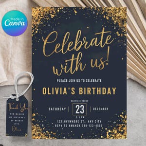 Einfache Party einladen, minimalistische Geburtstagseinladung, Schwarzgold Einladung für Erwachsene und Teenager, digital bearbeitbare Vorlage, Geburtstag einladen