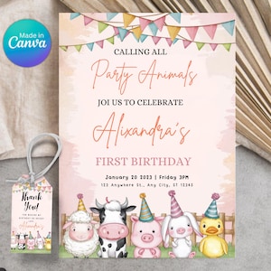 Party Animal Invitation Farm Animals, Editable Calling All Party Animals Farm Girl Birthday Invitation, Pink Farm Birthday Party Invite