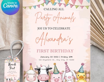 May include: A pink and white party invitation with a watercolor background and colorful pennant flags. The invitation says "Calling all Party Animals" and "Join us to celebrate Alixandra's First Birthday". The date and time of the party are listed below. The invitation features a cartoon illustration of a cow, sheep, pig, rabbit, and duck wearing party hats.