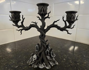 Gothic Tree Candelabra, 3 Candle Holder, Haunted Forest Decor, Skull Halloween Centerpiece, Dark Fantasy Home Decor, Gothic Candle Stand