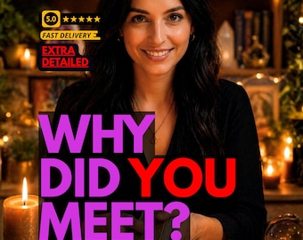 Könnte beinhalten: Eine lächelnde Frau hält Tarotkarten, mit dem Text "WHY DID YOU MEET?" in Lila und Rot. Darunter steht "TAROT READING". Eine brennende Kerze und eine Kristallkugel sind ebenfalls zu sehen.