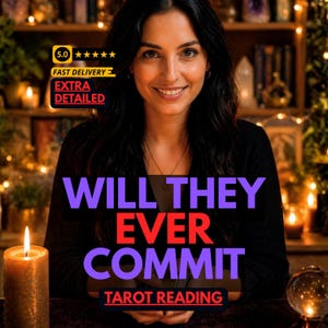 Może przedstawiać: Reklama usługi wróżenia z kart tarota przedstawiająca osobę z długimi ciemnymi włosami w czarnym topie. Tekst głosi: WILL THEY EVER COMMIT, TAROT READING, 5.0, FAST DELIVERY, EXTRA DETAILED. Widoczna jest zapalona świeca oraz szklana kula.