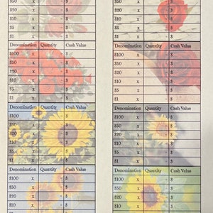 Cash Teller Withdraw Slips-Cash Breakdown slips-Bank Teller slips-8 Unique teller cash slips in color-4 w/Roses & 4 w/Sunflowers-Printable
