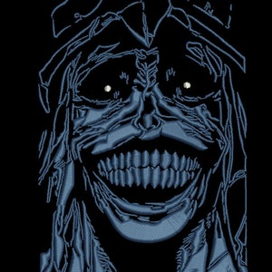 May include: A blue and white embroidered image of a grinning skull with a crown on its head.