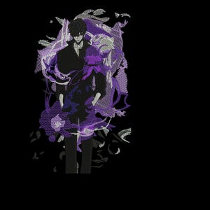 Puede incluir: Una ilustración en blanco y negro de una persona de pie frente a un diseño abstracto morado y blanco. La persona lleva un traje oscuro y tiene el pelo negro corto.