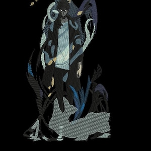 Könnte beinhalten: Eine Schwarzweißillustration eines Charakters mit schwarzen Haaren und einer schwarzen Jacke, der vor einem blauen und schwarzen Hintergrund steht. Der Charakter ist von wirbelnden Linien und Formen umgeben.