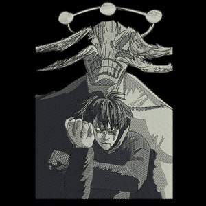 May include: A black and white illustration of a character from a manga or anime. The character is a young man with short black hair and a serious expression. He is wearing a dark shirt and pants. Behind him is a shadowy figure with a menacing expression.