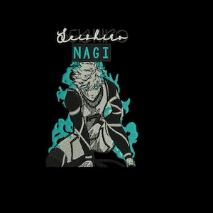 May include: Embroidered patch featuring a white-haired anime character with blue eyes, surrounded by turquoise flames. The text "Seishiro NAGI" is above the character.