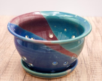Pottery Berry Bowl: Handmade Blue Ceramic Colander and Saucer for a Colorful Kitchenware