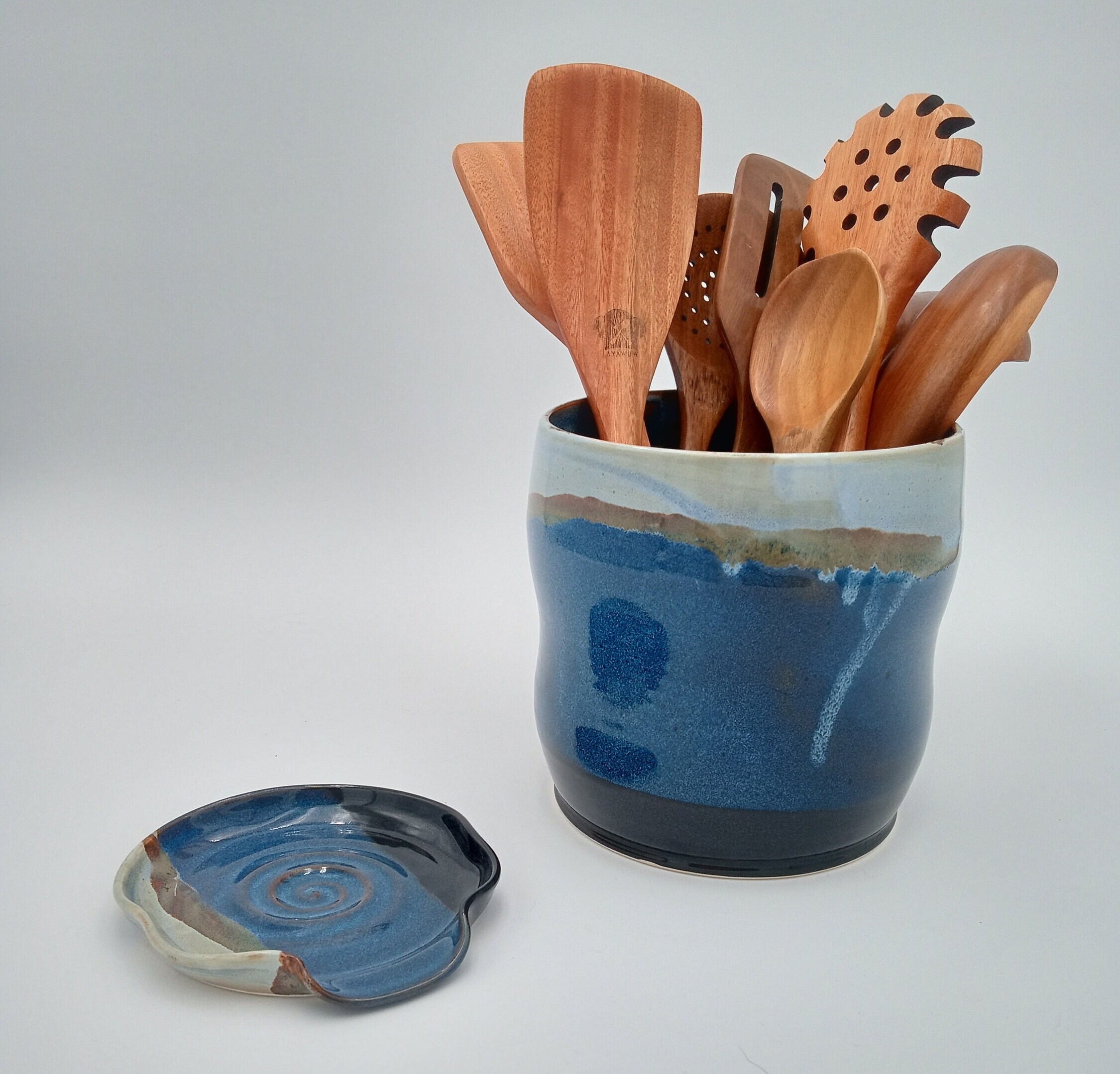 Utensil Holder and Optional Matching Spoon Rest Pottery Handmade White Stoneware Utensil Holder