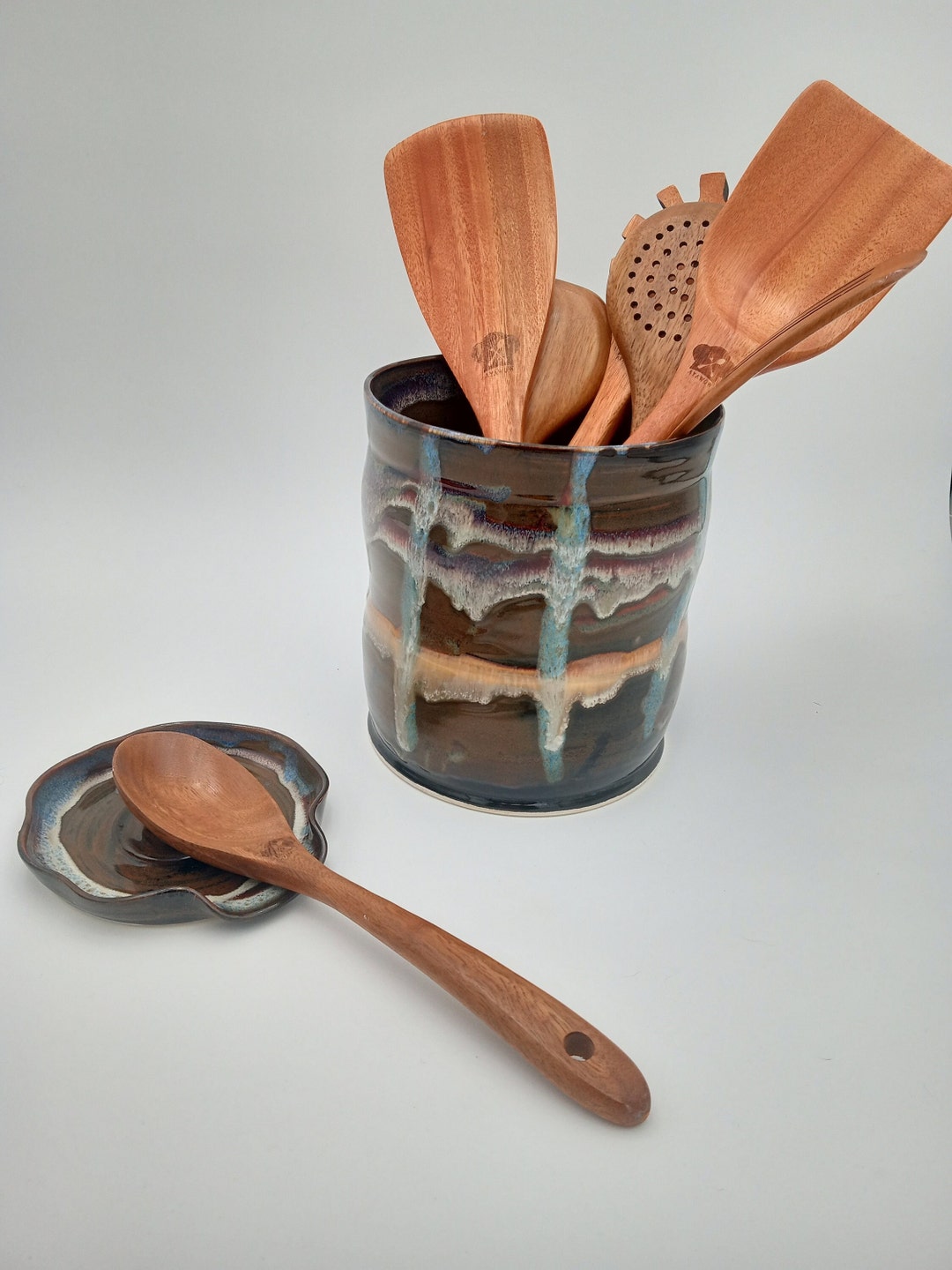 Utensil Holder and Optional Matching Spoon Rest Pottery Handmade White