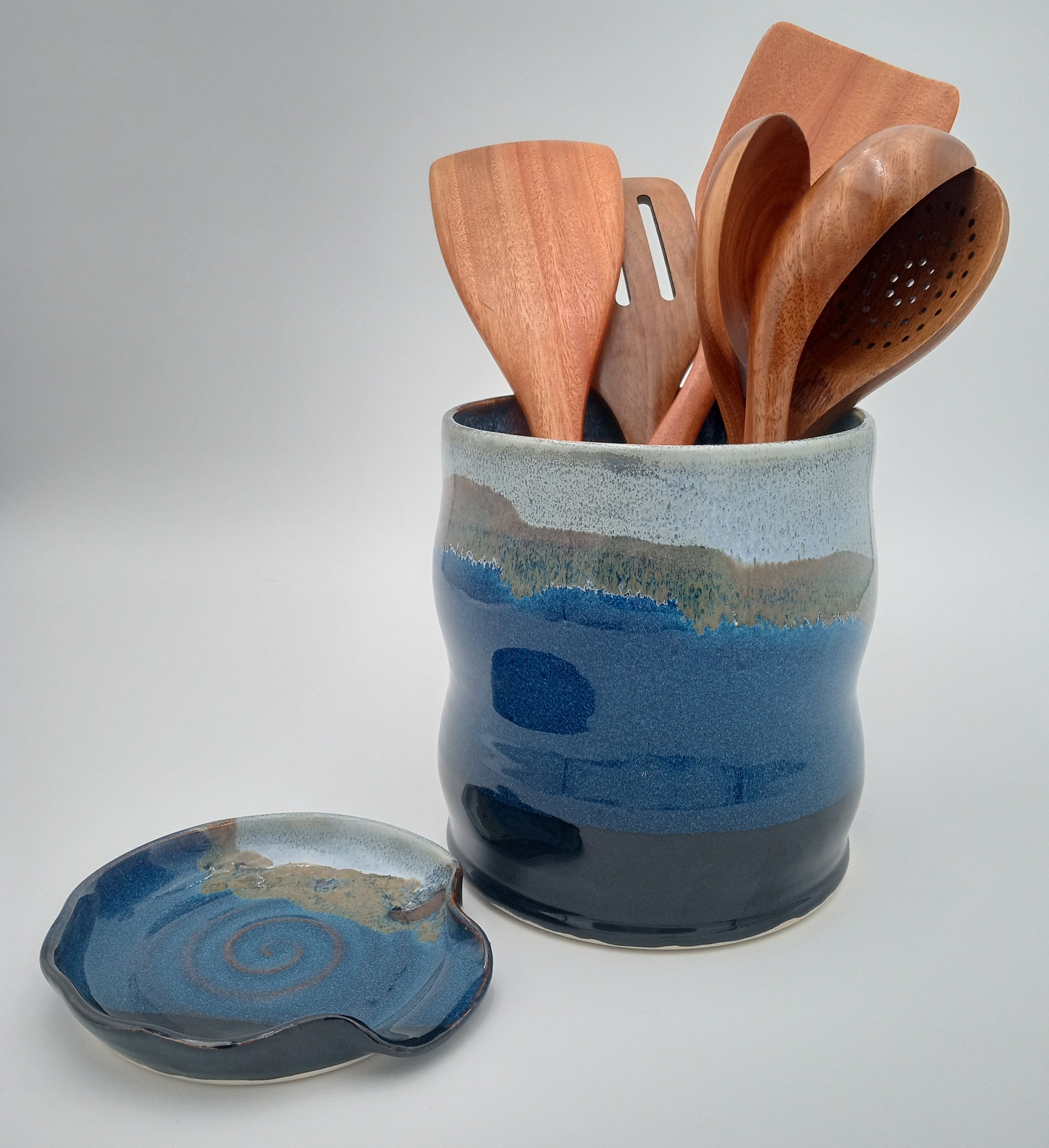 Pottery Utensil Holder Blue Kitchen Utensil Holder Hand Thrown Stoneware  Pottery Utensil Holder