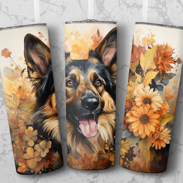 German Shepherd | 20Oz Tumbler Wrap Design | Skinny Sublimation Design | Straight & Tapered | Digital Download PNG For Dog and Flower Lovers