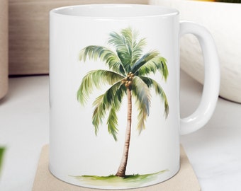 Palm Tree 11oz Coffee Mug, Watercolor Style, Beach Lover, Palm Tree Mug, Single Palm Tree Mug, Mug with Palm Tree, Tropical Mug, Tea Mug