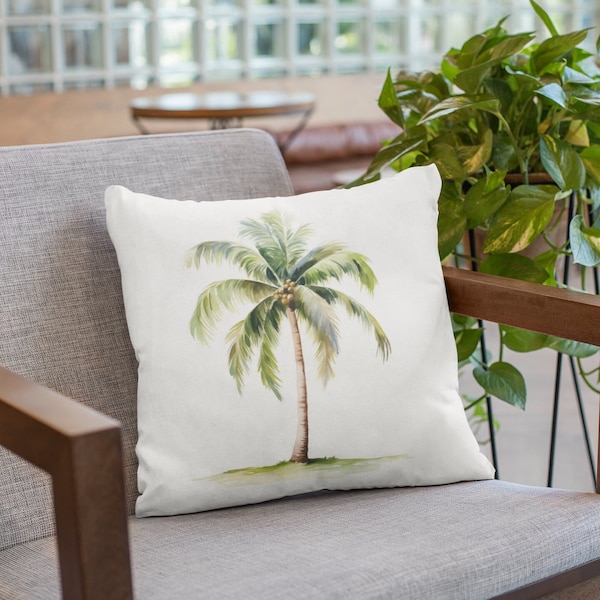 Watercolor Style Decorative Palm Tree Pillow and Cover, Coastal Living Tropical Décor, 14x14in/ 35x35cm