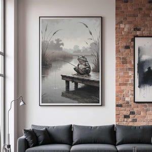 Wunderliche Frosch Fischen Vintage druckbare Wand Kunst Cottagecore Tier Kunst Moody Natur-Wand-Dekor lustige Kunstdruck Digital Download Kunstwerk