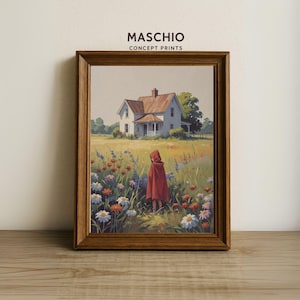Vintage Red Riding Hood Print, Moody Country Farmhouse Wall Art, Rustic Fairytale Landscape with Wildflowers, Just Waiting For Halloween Art