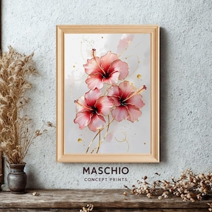 Watercolor Hibiscus Flower Wall Art Printable Tropical Floral Poster Red Pink Botanical Art Cottagecore flower Print Boho Floral Wall Decor