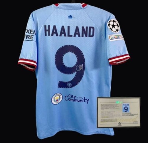 Framed Erling Haaland Manchester City Autographed 2022-23 Home Jersey with  Champions League Patch