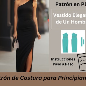 May include: A PDF sewing pattern for a one-shoulder dress. The pattern includes instructions and is for beginners. The dress is shown on a model wearing a black dress with a side slit.