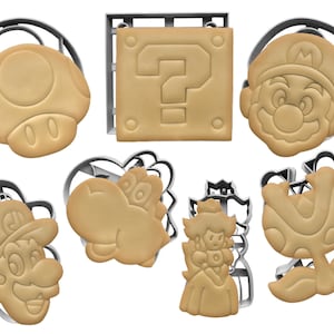 Juego de 7 cortadores de galletas para jugadores: Toad, Mario, Luigi, Yoshi, Piranha Plant, Box, Princess Peach/Sellos de fondant Suministros para hornear Fiesta de cumpleaños para niños