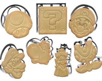 Gamers Cookie Cutters Set 7 Toad, Mario, Luigi, Yoshi, Piranha Plant, Box, Princess Peach | Timbre fondant Fournitures de pâtisserie Fête d'anniversaire pour enfants