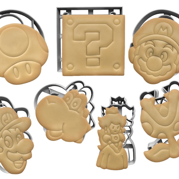 Gamers Cookie Cutters Set 7 Toad, Mario, Luigi, Yoshi, Piranha Plant, Box, Princess Peach| Fondant Stamp Baking Supplies Kids Birthday Party