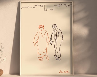 Stampa artistica di persone marocchine: illustrazione beduino minimalista, arredamento boho