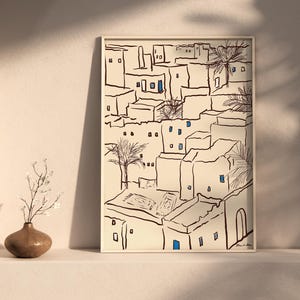 Minimal art print depicting a Tunisian village with traditional Mediterranean architecture in soft neutral tones