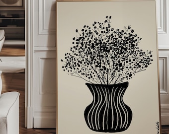 Black Floral Vase Print: Hand-Drawn Modern Flower Art