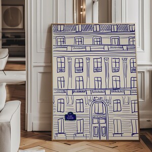 Print Parijs, minimalistische kunst, Franse illustratie, retro muurkunst, print architectuurliefhebber, print Frankrijk, handgetekende
