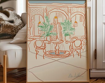 Moroccan Riad Art Print: Hand-Drawn Architecture, Travel Decor