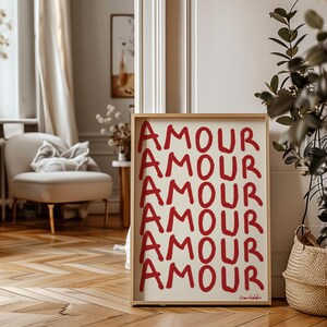 Amour Love Print, Red Typography Wall Art, French Romantic Poster, Minimalist Modern Decor, French Aesthetic, Love Letter
