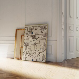 Minimal art print depicting a Tunisian village with traditional Mediterranean architecture in soft neutral tones