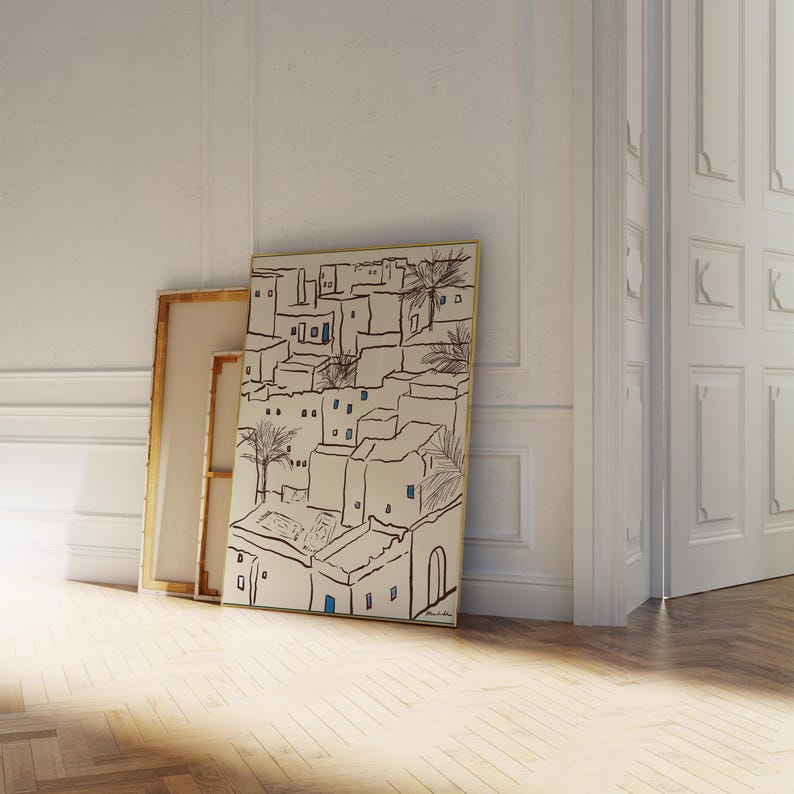 Minimal art print depicting a Tunisian village with traditional Mediterranean architecture in soft neutral tones