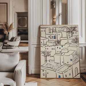 Minimal art print depicting a Tunisian village with traditional Mediterranean architecture in soft neutral tones