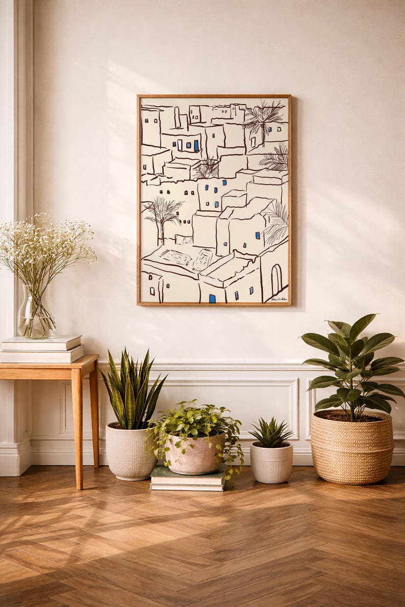 Minimal art print depicting a Tunisian village with traditional Mediterranean architecture in soft neutral tones