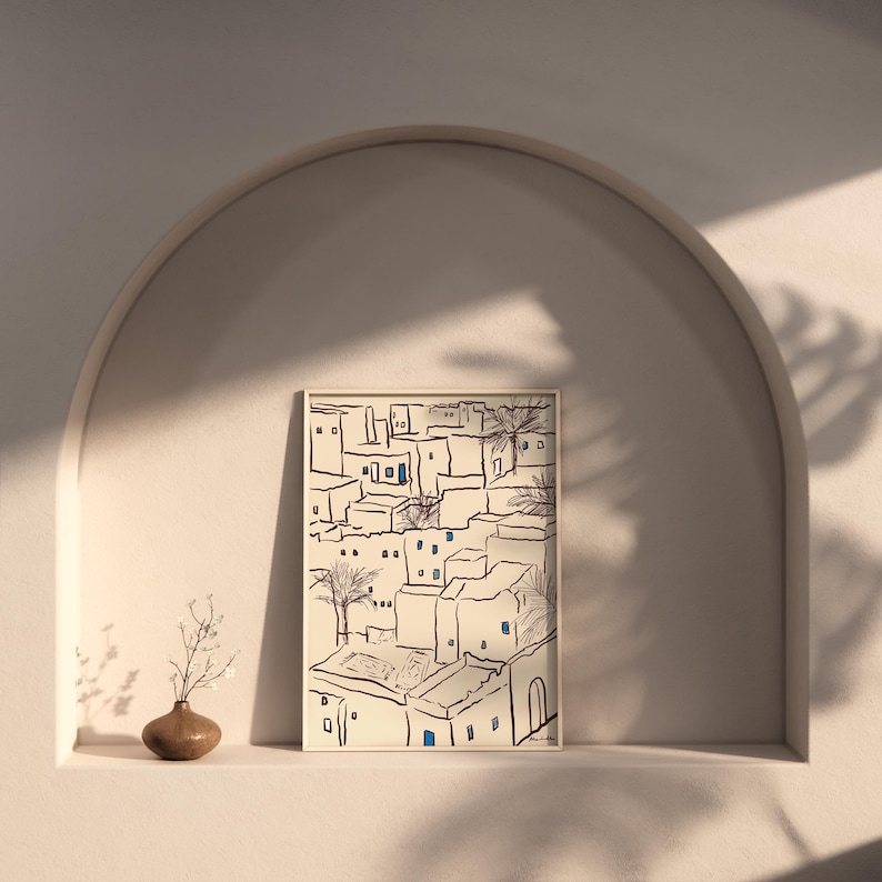 Minimal art print depicting a Tunisian village with traditional Mediterranean architecture in soft neutral tones