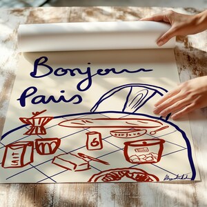 This hand-drawn digital illustration captures a classic Parisian breakfast with baguette, coffee, croissant, butter, and petits biscuits, inspired by slow mornings in France.
